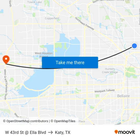 W 43rd St @ Ella Blvd to Katy, TX map