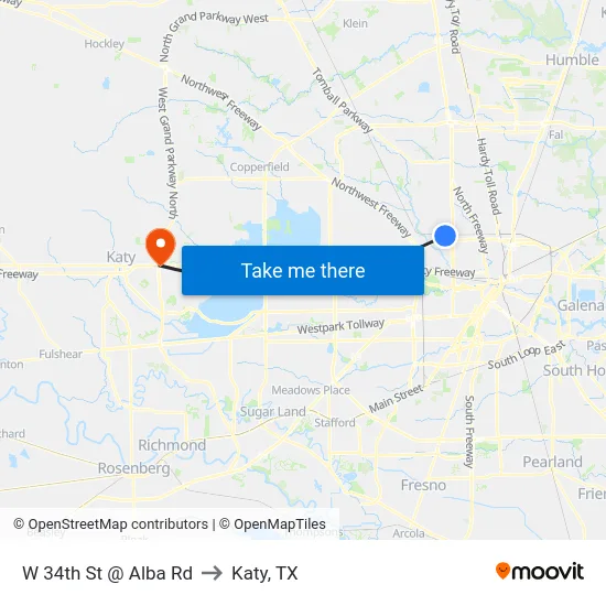 W 34th St @ Alba Rd to Katy, TX map