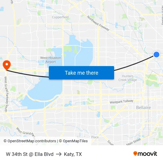 W 34th St @ Ella Blvd to Katy, TX map