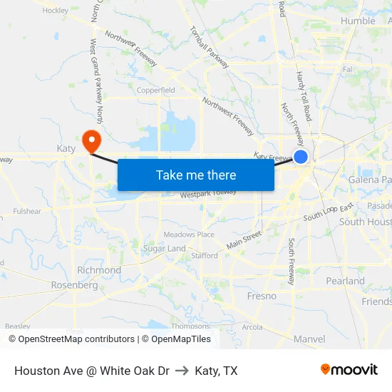 Houston Ave @ White Oak Dr to Katy, TX map