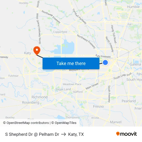S Shepherd Dr @ Pelham Dr to Katy, TX map