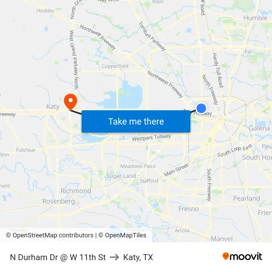 N Durham Dr @ W 11th St to Katy, TX map
