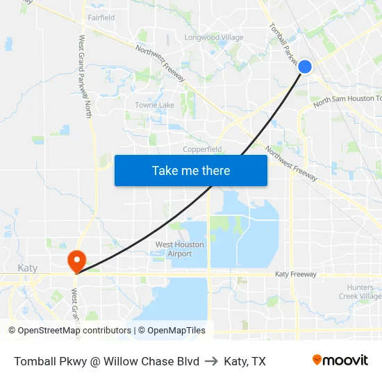 Tomball Pkwy @ Willow Chase Blvd to Katy, TX map