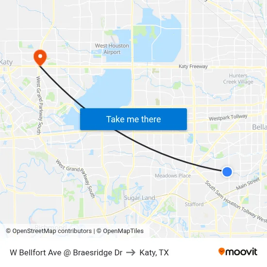 W Bellfort Ave @ Braesridge Dr to Katy, TX map