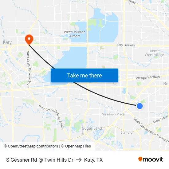 S Gessner Rd @ Twin Hills Dr to Katy, TX map