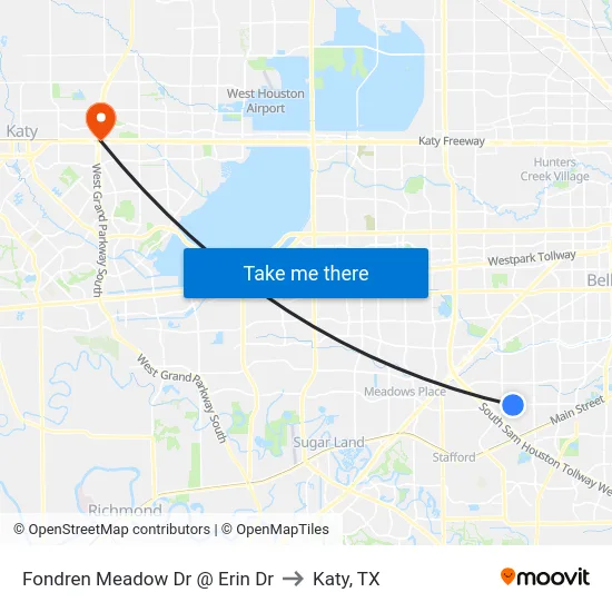 Fondren Meadow Dr @ Erin Dr to Katy, TX map