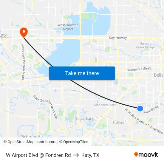 W Airport Blvd @ Fondren Rd to Katy, TX map