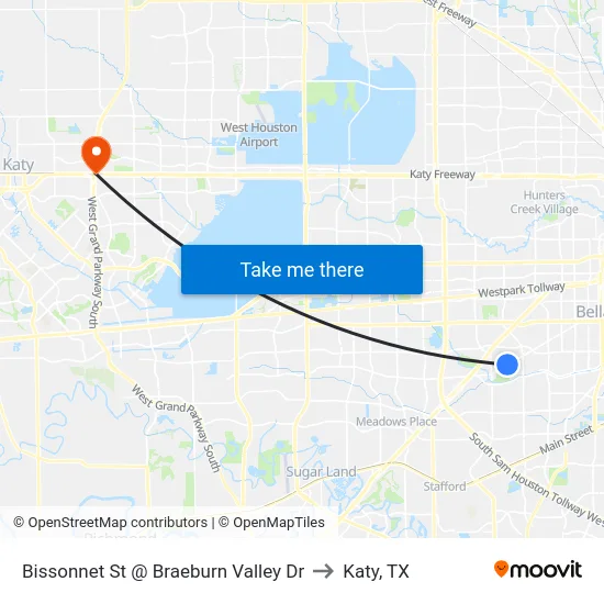 Bissonnet St @ Braeburn Valley Dr to Katy, TX map