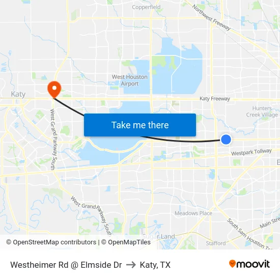 Westheimer Rd @ Elmside Dr to Katy, TX map