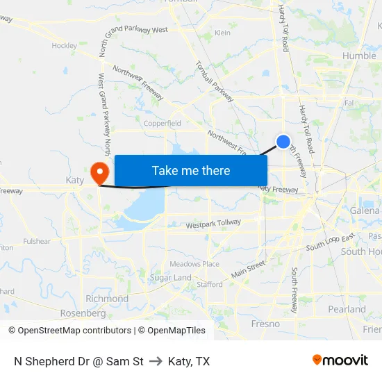 N Shepherd Dr @ Sam St to Katy, TX map