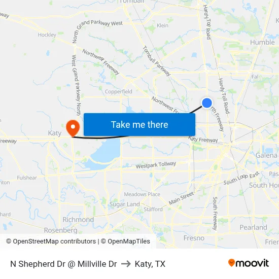 N Shepherd Dr @ Millville Dr to Katy, TX map