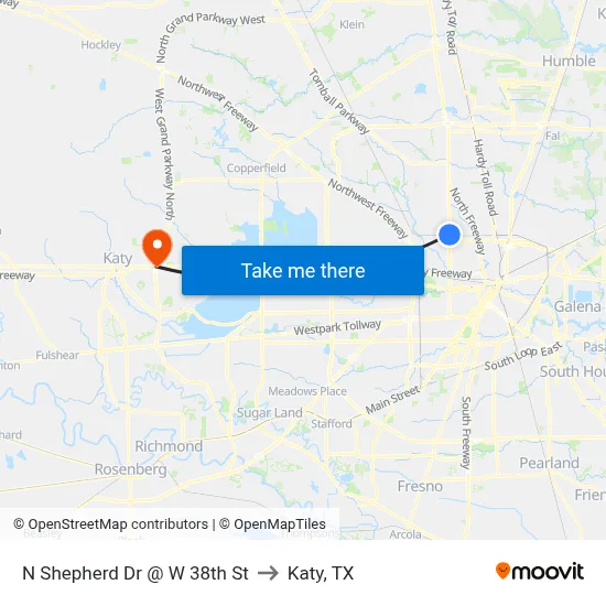 N Shepherd Dr @ W 38th St to Katy, TX map