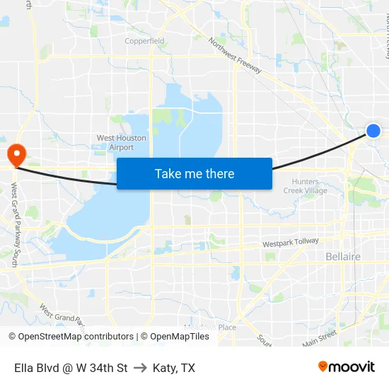 Ella Blvd @ W 34th St to Katy, TX map