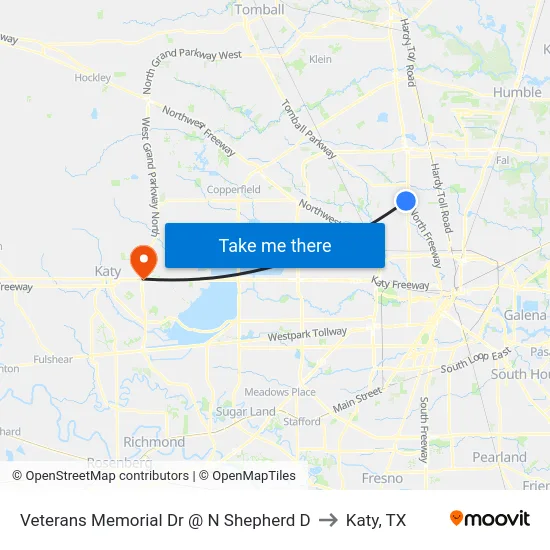 Veterans Memorial Dr @ N Shepherd D to Katy, TX map