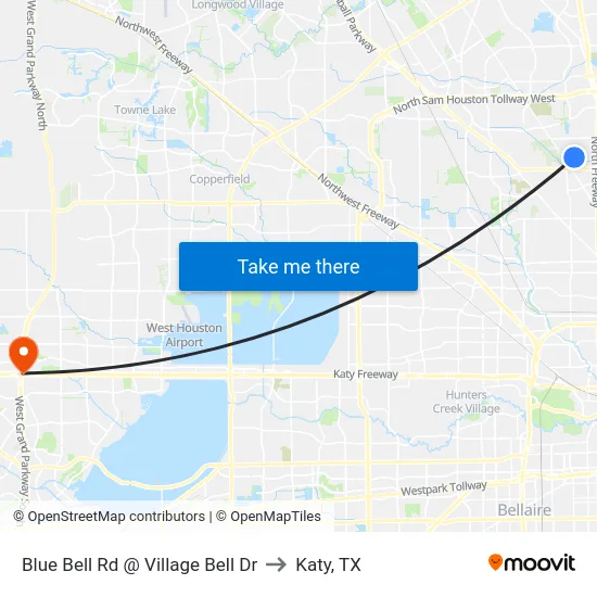 Blue Bell Rd @ Village Bell Dr to Katy, TX map