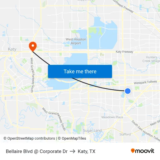 Bellaire Blvd @ Corporate Dr to Katy, TX map