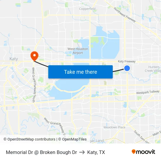 Memorial Dr @ Broken Bough Dr to Katy, TX map