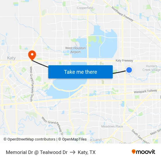 Memorial Dr @ Tealwood Dr to Katy, TX map