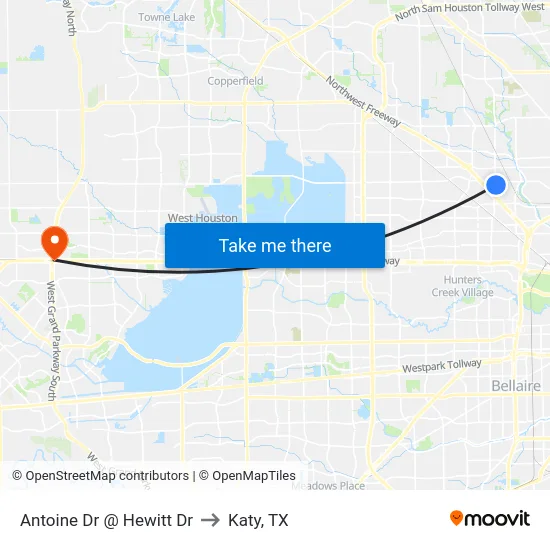 Antoine Dr @ Hewitt Dr to Katy, TX map