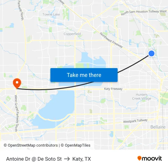 Antoine Dr @ De Soto St to Katy, TX map