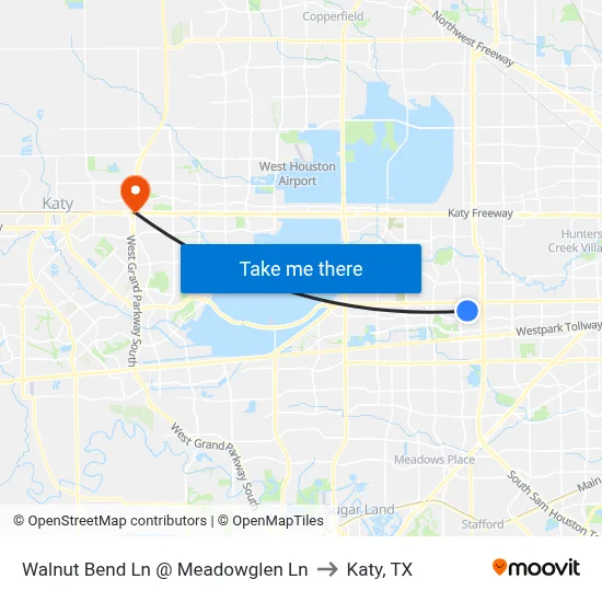 Walnut Bend Ln @ Meadowglen Ln to Katy, TX map