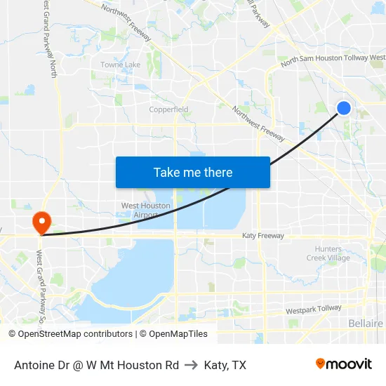 Antoine Dr @ W Mt Houston Rd to Katy, TX map