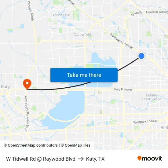 W Tidwell Rd @ Raywood Blvd to Katy, TX map