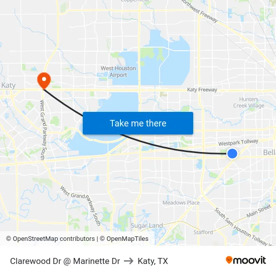 Clarewood Dr @ Marinette Dr to Katy, TX map