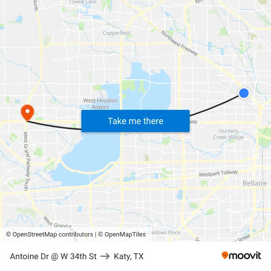 Antoine Dr @ W 34th St to Katy, TX map