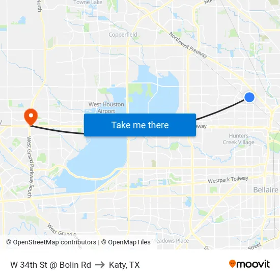W 34th St @ Bolin Rd to Katy, TX map