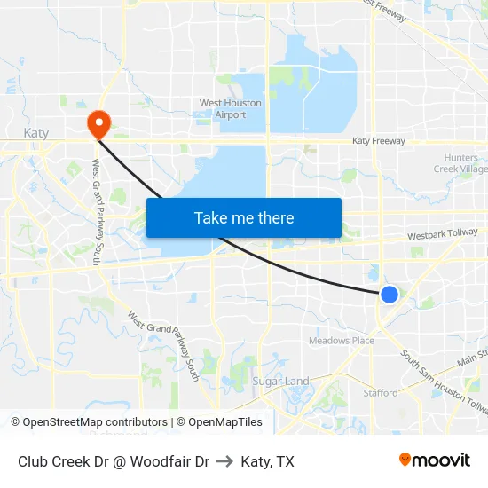 Club Creek Dr @ Woodfair Dr to Katy, TX map