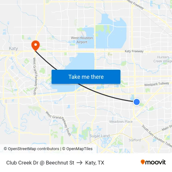 Club Creek Dr @ Beechnut St to Katy, TX map