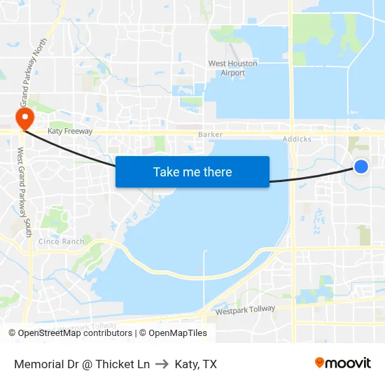 Memorial Dr @ Thicket Ln to Katy, TX map