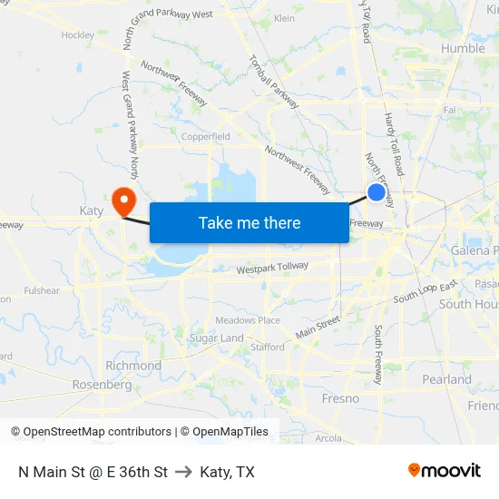 N Main St @ E 36th St to Katy, TX map