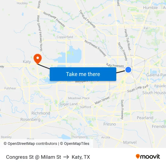 Congress St @ Milam St to Katy, TX map