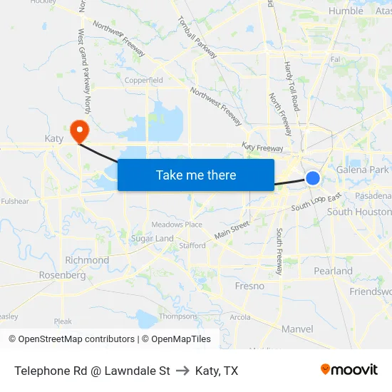 Telephone Rd @ Lawndale St to Katy, TX map