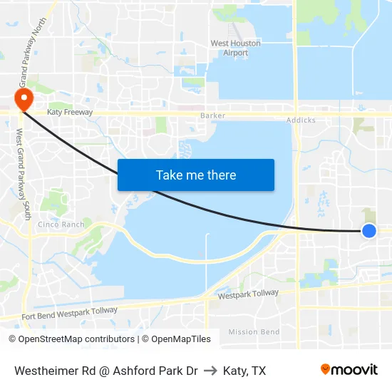 Westheimer Rd @ Ashford Park Dr to Katy, TX map