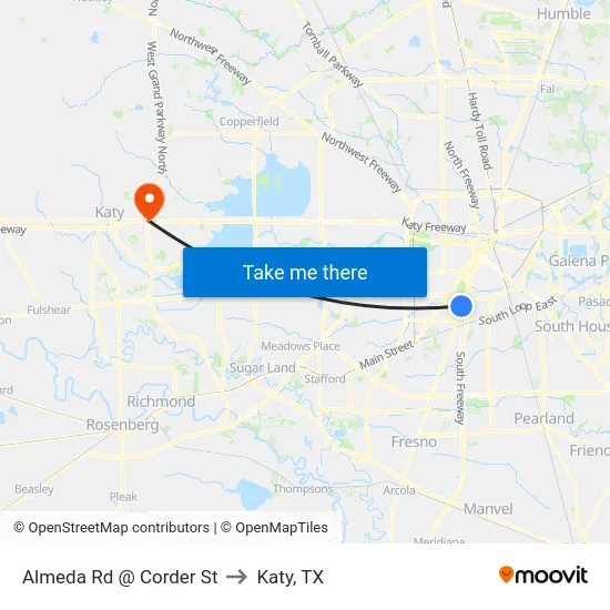 Almeda Rd @ Corder St to Katy, TX map