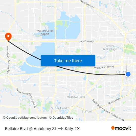 Bellaire Blvd @ Academy St to Katy, TX map