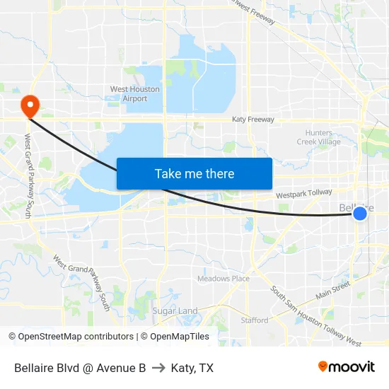 Bellaire Blvd @ Avenue B to Katy, TX map