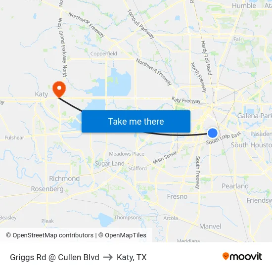 Griggs Rd @ Cullen Blvd to Katy, TX map