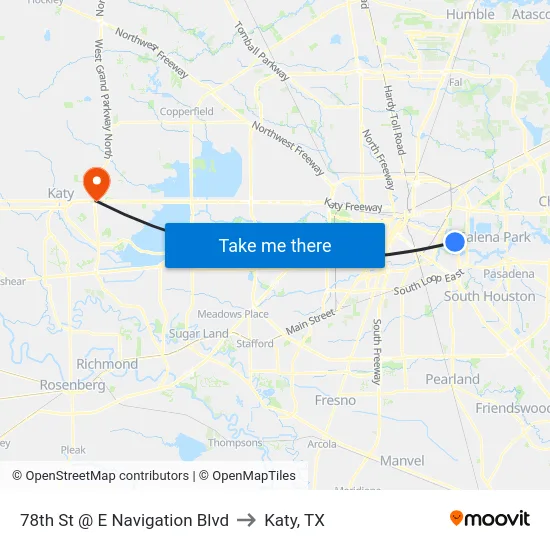 78th St @ E Navigation Blvd to Katy, TX map
