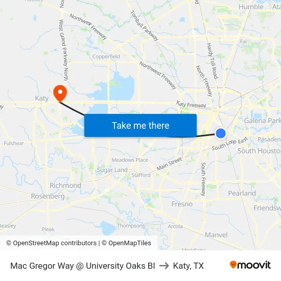 Mac Gregor Way @ University Oaks Bl to Katy, TX map
