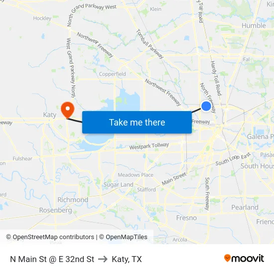 N Main St @ E 32nd St to Katy, TX map