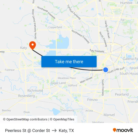 Peerless St @ Corder St to Katy, TX map