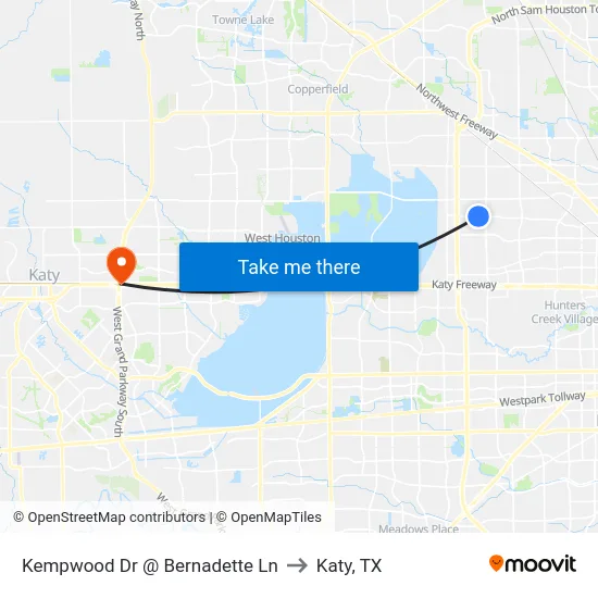 Kempwood Dr @ Bernadette Ln to Katy, TX map