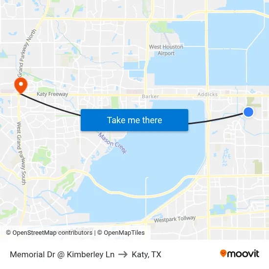 Memorial Dr @ Kimberley Ln to Katy, TX map