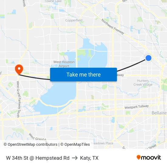 W 34th St @ Hempstead Rd to Katy, TX map