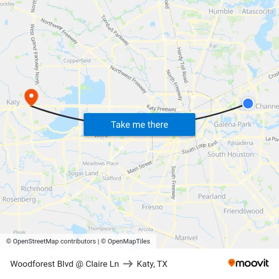 Woodforest Blvd @ Claire Ln to Katy, TX map