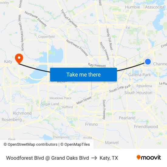 Woodforest Blvd @ Grand Oaks Blvd to Katy, TX map